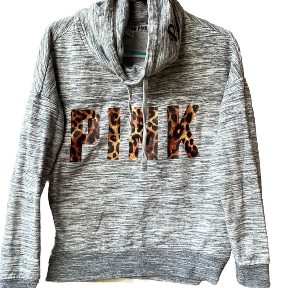 PINK Victoria's Secret Tops - Victoria's Secret PINK Leopard Cowl Neck Pullover Marl Gray Logo NWOT